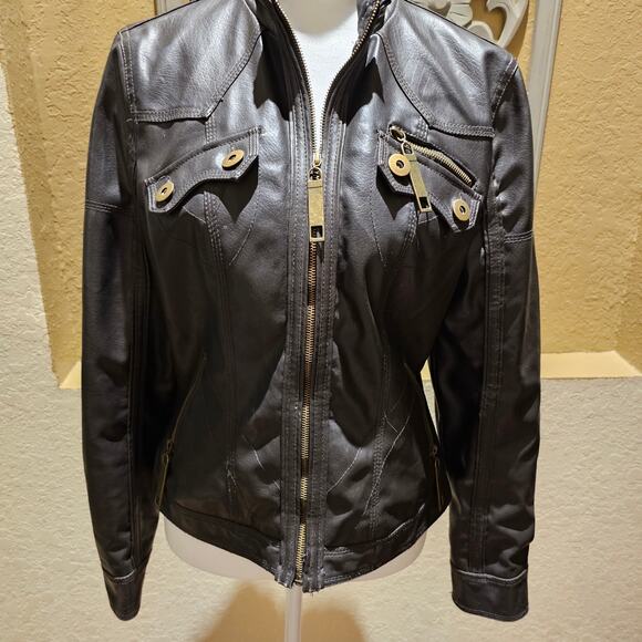 Freda M Brown Faux Leather Moto Jacket Gold Zip Pockets Vegan PVC Lined - Picture 4 of 13